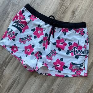 AussieBum Swim Shorts Size L Floral Hibiscus Print White Pink Black Drawstring